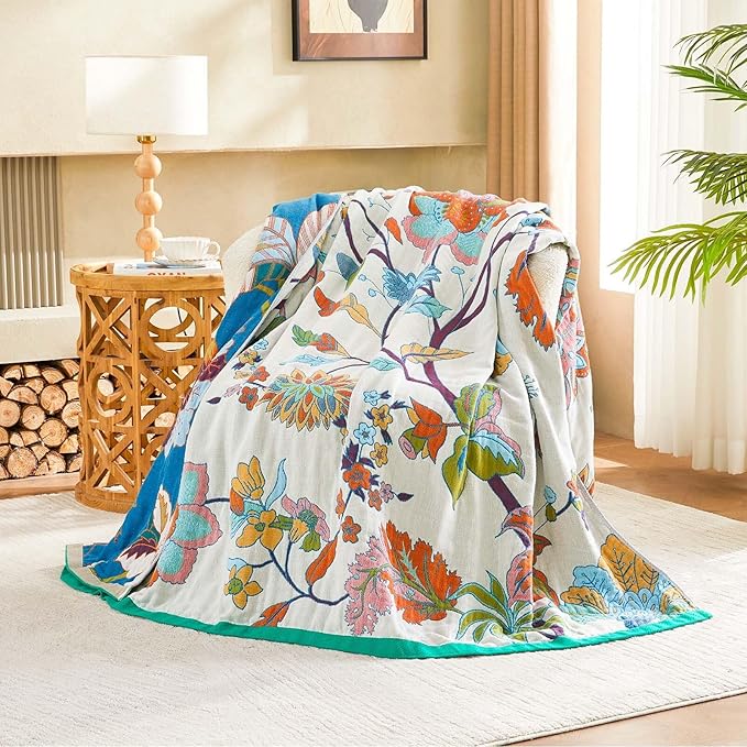 XIBLC Summer Throw Blanket, 60"x80" Reversible Bohemian Flower Blanket, 100% Cotton Muslin Breathable Woven, Farmhouse Decorative Throw Blanket