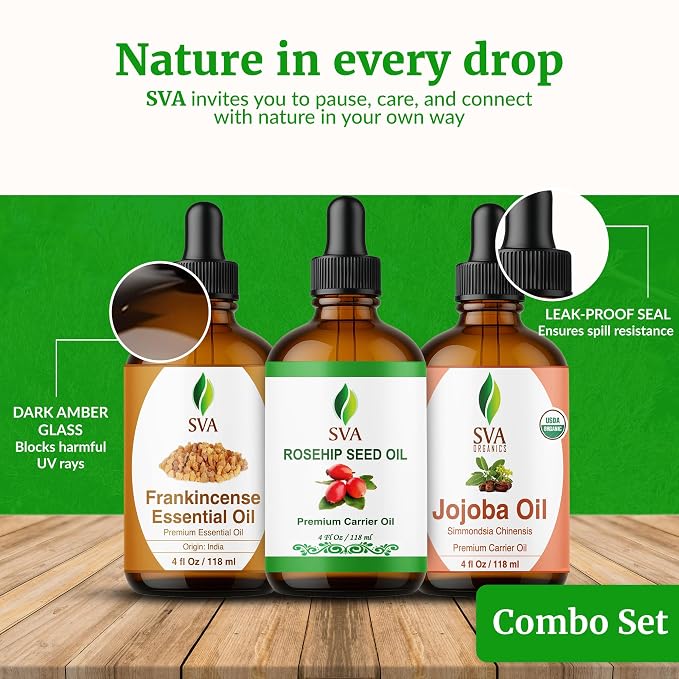 SVA Rosehip, Frankincense Serrata, and Jojoba Oil 4 oz Bundle Super Saver Combo – Value Set for Hair Oiling, Scalp Massage, Hair Care, Skin Care and Body Massage