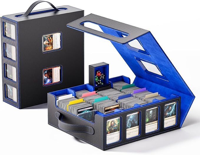 Trading Card Storage Box – 3500+ Magnetic MTG Deck Box with Handle,Commander & Toploader Display, Dice Box,4 Dividers & 30 Color Labels – Fits for TCG,MTG,Yu-Gi-Oh and Sport cards(Black/Blue)
