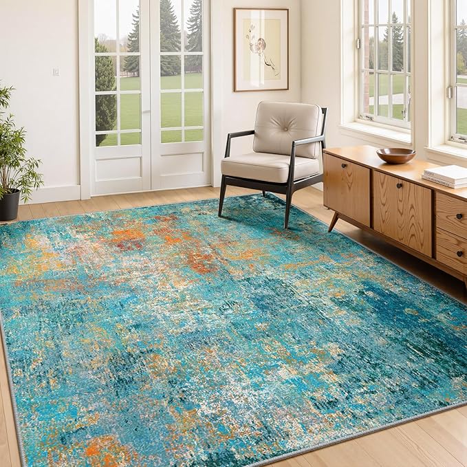 RELEANY Washable 4'x6' Abstract Area Rug for Living Room Teal Multi | carpet for bedroom, kitchen, office, hallway and entryway, printed pattern, non-slip, soft, stain-resistant, easy to clean
