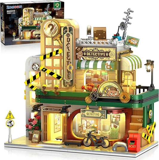 Detective Agency Building Set with LED Light, 1231PCS Detective House Building Block Toy with Clue Wall, Office Construction Model for Easter Mother's Day for Adults Teens Kids Boys Girls 10+