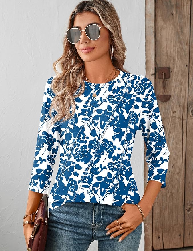 LOMON 3/4 Length Sleeve Womens Tops Spring Summer Fashion 2026 Tops Crew Neck Pleated Shirts Tunic Top Loose Fit