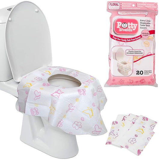 Toilet Seat Covers Disposable (20 Pack, Floral) - XL Waterproof Toilet Cover for Toddlers, Kids & Adults - Portable & Individually Wrapped for Travel, Potty Training & Public Restrooms
