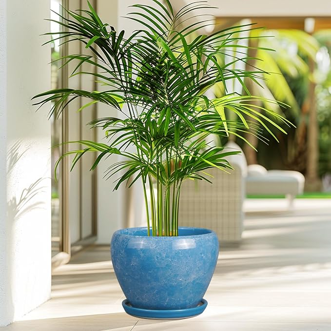 Ceramicfor Ceramic Planter - 8 Inch Plant Pot with Drainage Hole and Saucer, Glaze Round Flower Pot for Home Garden Patio Office, Blue