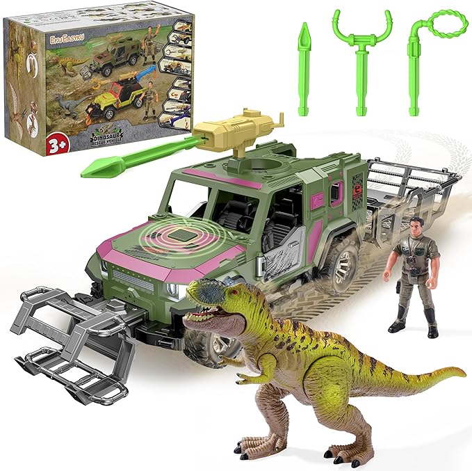 EKU Dinosaur Transport Truck with Trailer and 10 Sounds, Launcher, Clamp, Chomping T-Rex Figure, Human, Carrier, Push and Go Adventure Vehicle for Jurassic World Toys Pretend Play Gifts for Kids 3+