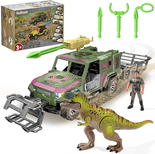 EKU Dinosaur Transport Truck with Trailer and 10 Sounds, Launcher, Clamp, Chomping T-Rex Figure, Human, Carrier, Push and Go Adventure Vehicle for Jurassic World Toys Pretend Play Gifts for Kids 3+