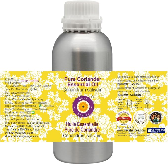 Deve Herbes Pure Coriander Essential Oil (Coriandrum sativum) Steam Distilled 1250ml (42 oz)