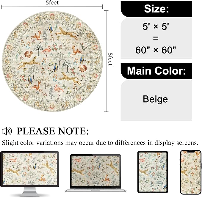 DUKINO 5ft Round Rug, Washable Animal Non Slip Circle Area Rug, Beige | Low Pile, Soft, Non-Shedding Indoor Round Carpet for Bedroom, Living Room, Farmhouse, Farmhouse, Pet Friendly, Lightweight