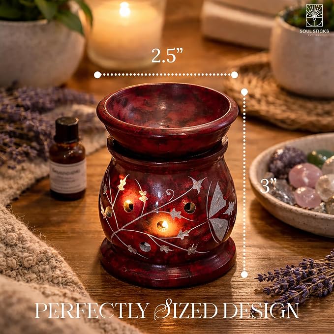 SOUL STICKS Stone Soapstone Aroma Lamp Stylish Beautiful Elegant Decorative Handcrafted Aroma Wax Burner Oil Diffuser for Aromatherapy, Meditation and Home Fragrance with Tealight Holder, 3 (Red)