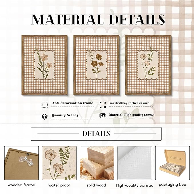 Framed Vintage Floral Wall Art Set of 3, Neutral Wildflower Botanical Canvas Wall Decor Paintings, Cottagecore Gingham Flower Posters Prints Pictures for Living Room Bedroom Bathroom 16x24 Inch
