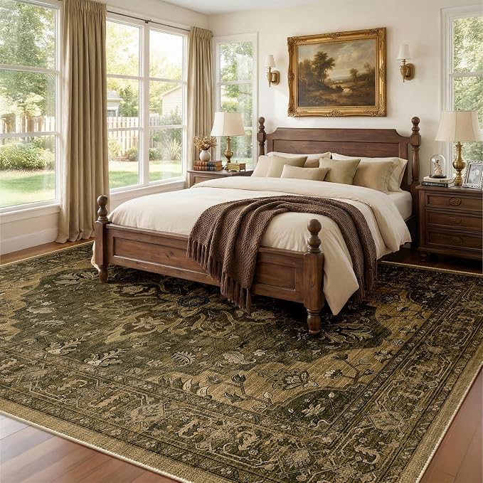 RELEANY Area Rugs 8'x10' Washable Non-Slip, Floral Vintage Distress Medallion Carpet for Living Room Bedroom Dining Room, Brown Dark Brown