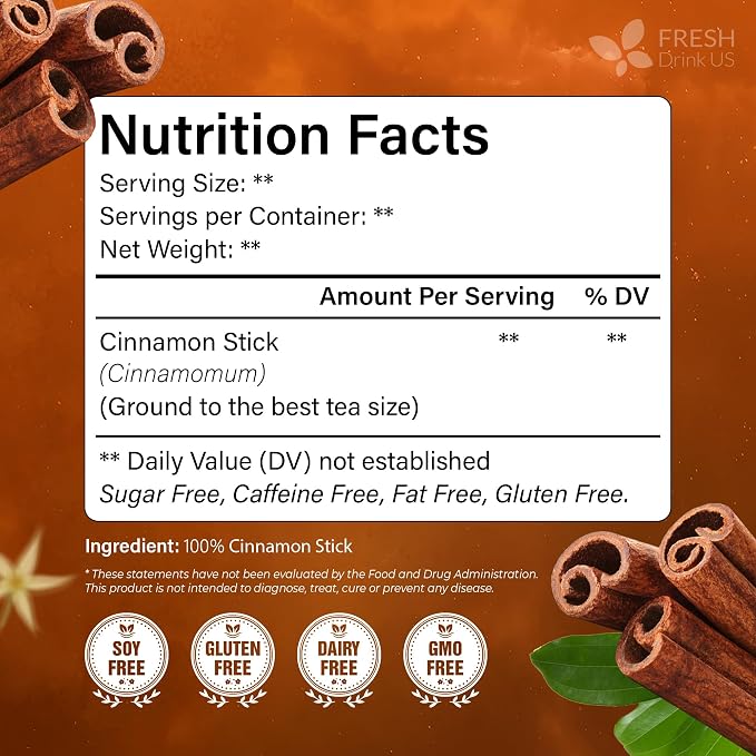 FreshDrinkUS, Premium 75 Cinnamon Tea Bags, 100% Natural & Pure, Herbal Tea, Made with Natural Materials-Corn Fiber Tea Bags, Sugar/Caffeine/Gluten Free. Warmly Taste and Balance.
