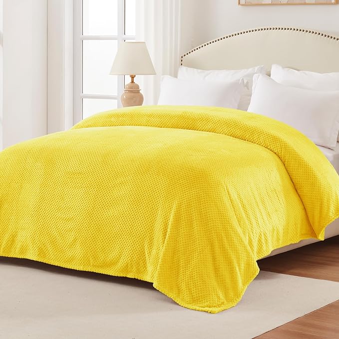 Exclusivo Mezcla Soft Waffle Fleece Bed Blanket Queen Size, Yellow | Lightweight Plush Blanket for Bed, Bedroom, Cozy Flannel with Waffle Texture, Stylish Home Decor, All Season, 90x90 Inches