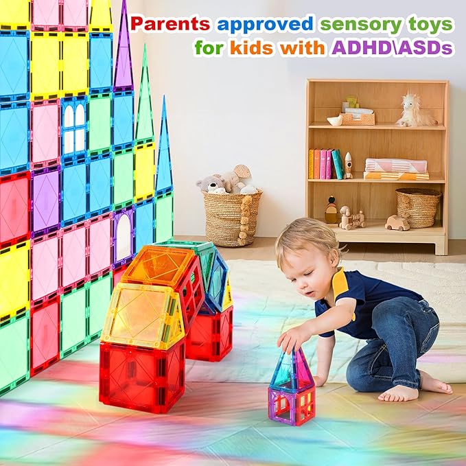 100PCS Magnetic Tiles Kids Toys - Magnetic Building Blocks STEM Magnet Building Set Preschool Learning Magnet Toys for Kids Ages 3-5 4-8, Sensory Montessori Toy for Toddlers 3+ Year Old