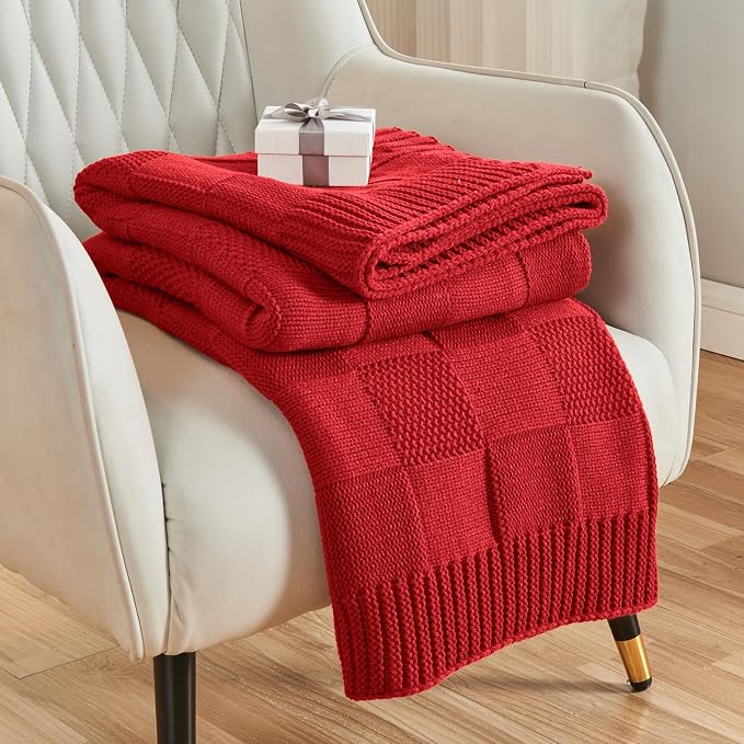 CozeCube Christmas Red Knitted Checkered Throw Blanket 50"X60" | Check Knit Throw for Couch, Decorative Christmas Soft Cozy Warm Blanket for Bed Sofa Living Room