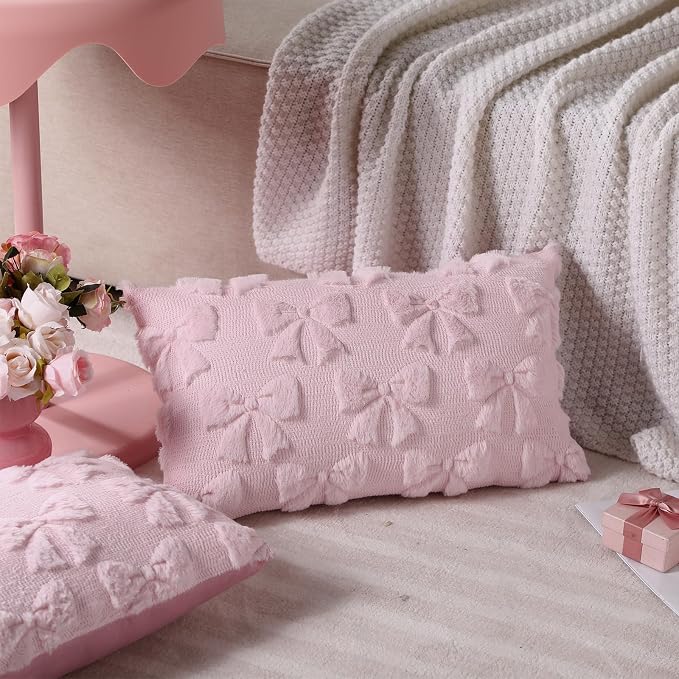 Mixweer Pink Bow Pillow Covers Set of 2 Preppy Room Decor Coquette Cute Spring Summer Decorative Faux Fur Soft Bowknot Stuff Fluffy Plush Aesthetic Pillowcase for Bed Sofa Couch (12 x 20 Inch)