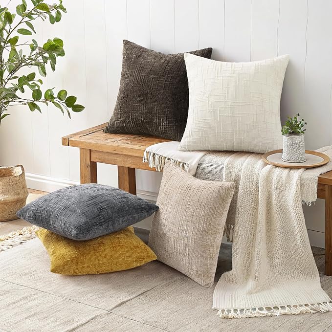decorUhome Textured Chenille Throw Pillow Covers 18x18 Set of 2 Dark Brown | Fall Modern Farmhouse Soft Cozy Slubby Couch Pillow Cases Boho Decorative Pillow Cases for Bed Sofa Living Room Home Decor