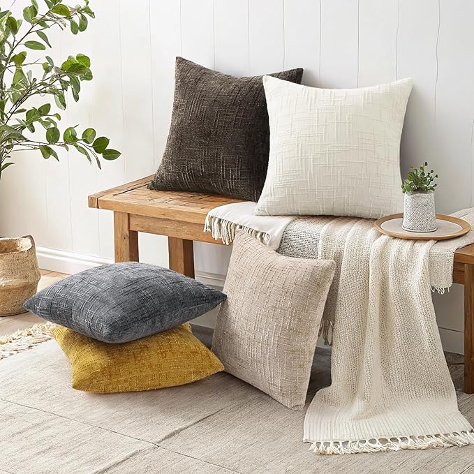 decorUhome Textured Chenille Throw Pillow Covers 20x20 Set of 2 Cream White | Fall Modern Farmhouse Soft Cozy Slubby Couch Pillow Cases Boho Decorative Pillow Cases for Bed Sofa Living Room Home Decor
