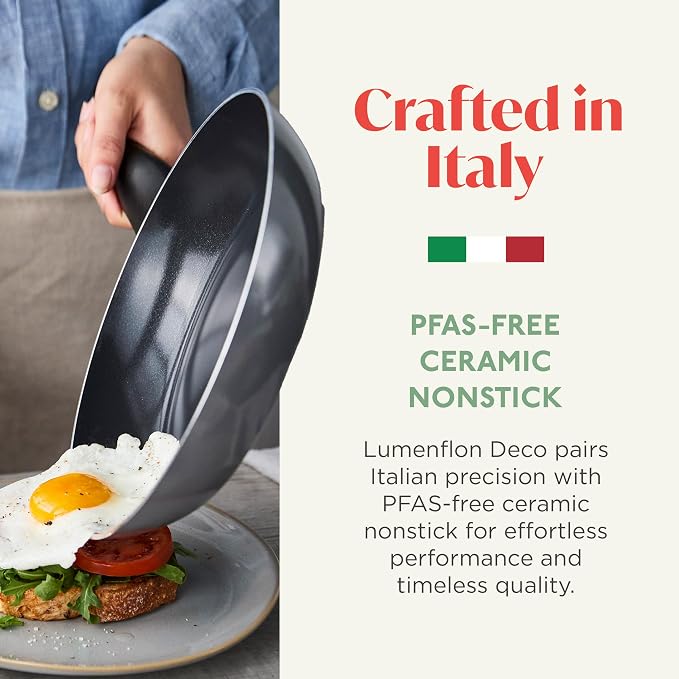 Deco 9.5” Nonstick Frying Pan Skillet, Made in Italy, Diamond Ceramic PFAS-Free, Dishwasher & Metal Utensil Safe, Durable Gloss Enamel Finish, Stay-Cool Handle, High Walls-Extra Room, Gray