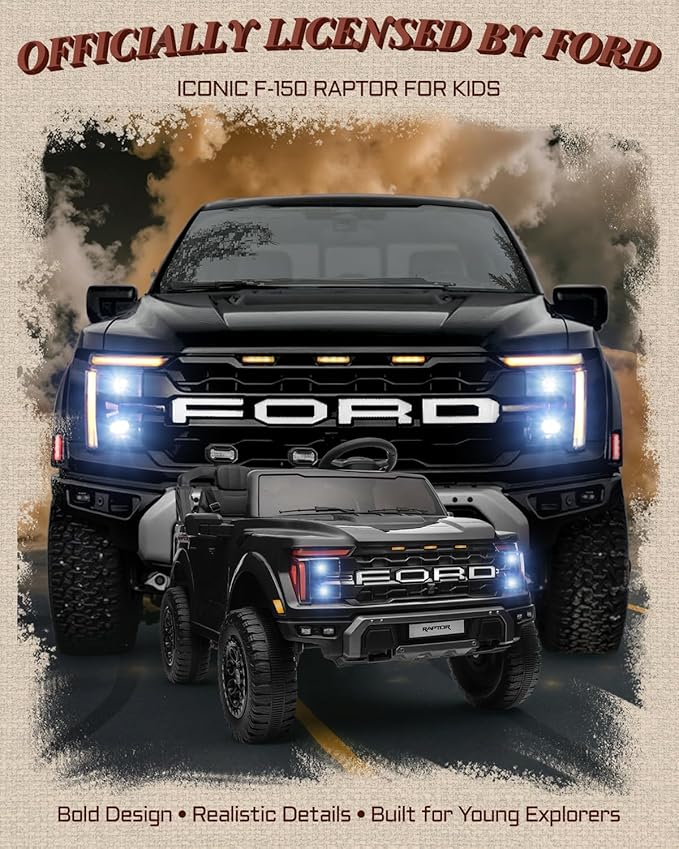 First Ride On 24V Ride on Toys for Big Kids, Licensed Ford F-150 Raptor 2 Seater Kids Ride on Car w/Remote Control, Toddler Electric Car w/LED Lights, Bluetooth, Truck Bed Storage, Soft Start (Black)