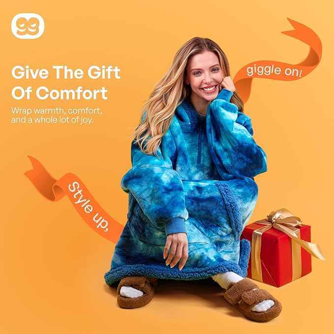 Giggling Getup Wearable Blanket Hoodie for Adults Gifts for Teen Girls Sister Women Sherpa Fleece Printed Hooded Blanket Sweatshirt Warm Cozy with Pocket & Sleeves Dark Blue Tie Dye