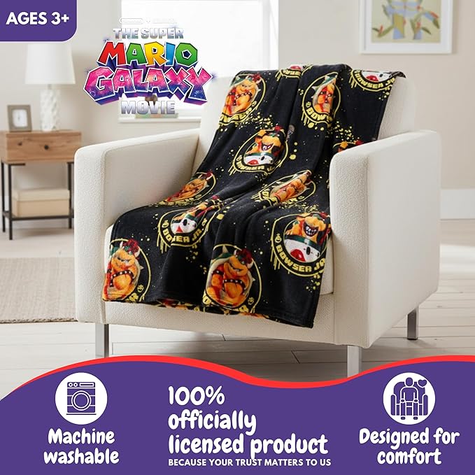 The Super Mario Galaxy Movie Kids Throw Blanket, Boswer & Jr., 46 in x 60 in, Soft Cozy Decorative Blanket for Couch, Bed, or Gaming Room (Officially Licensed Product) by Franco