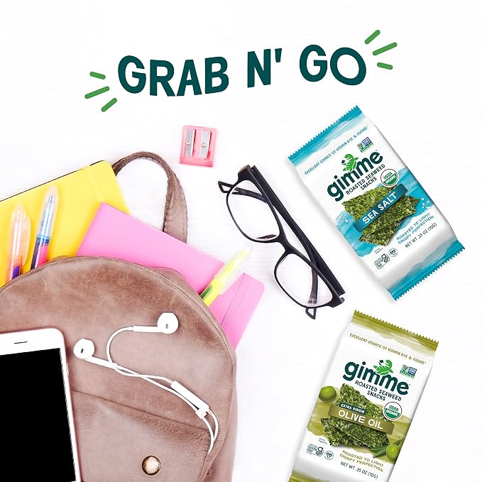Gimme Seaweed Organic Premium Roasted Seaweed Snacks, Extra Virgin Olive Oil, 24 Count Sharing Size, Keto, Vegan, Gluten-Free, Source of Omega3s & Iodine, Healthy On-The-Go Snack for Kids & Adults