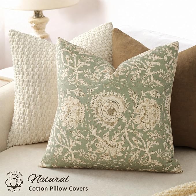 Vintage Floral Print Throw Pillow Covers 18x18 Set of 2 Neutral Modern Farmhouse Pillow Cases Accent Decorative Cushion Covers Boho Home Decor for Couch Sofa Chair Bed Living Room, Sage