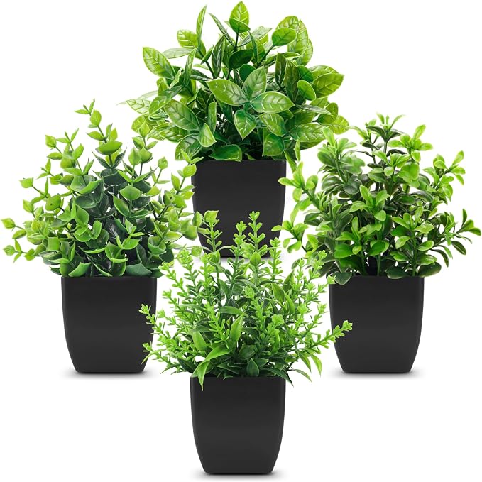 Der Rose 4 Pack Black Bathroom Decor Small Fake Plants, Halloween Decor | Realistic faux plants, gothic black accent style, for shelf desk office farmhouse table and Halloween fall home decor