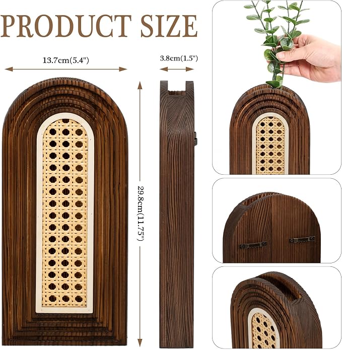 Dnnnii 2 Pack Wooden Wall Vase Set - Dark Brown Finish Hollow Rattan Modern Farmhouse & Boho Wall Decor for Entryway, Hallway, Bathroom, Living Room, Dining Room, Narrow Spaces