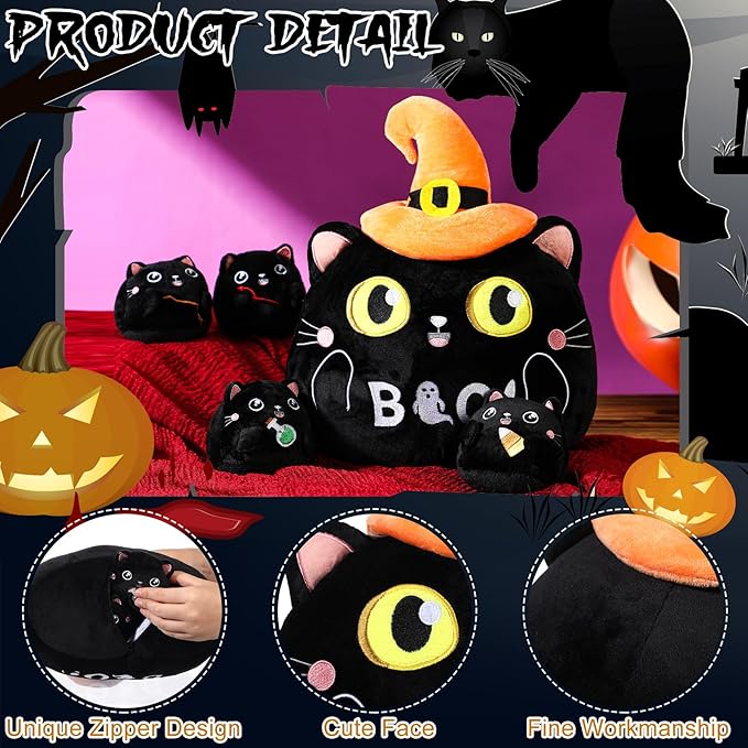 Syhood 5 Pcs Halloween Stuffed Animal Cute Black Cat Plush with 4 Babies Inside Halloween Plush Toy with Witch Hat Boo Black Cat Pillow for Party Favors Supplies Gifts Home Decor