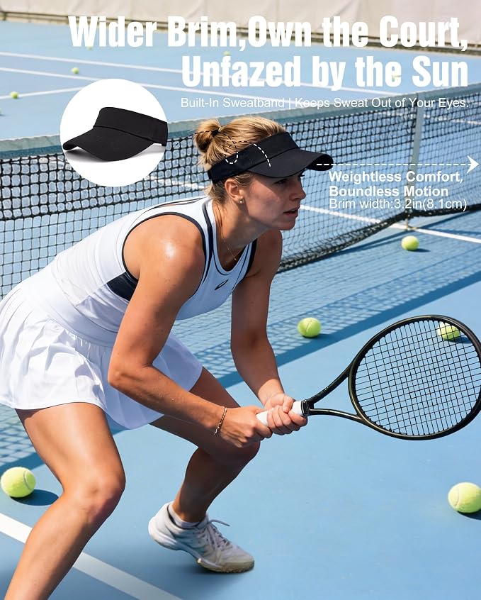 Zando 3.2" Structured Brim Visor Hats for Women, UPF 50+, Golf/Tennis | 3.2"Structured Brim Adds Sun Coverage, Steady View, Quick-dry Sweatband, Open-Top Ponytail Fit, Adjustable Fit & Lightweight