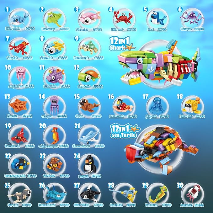 30 Packs Ocean Party Favors for Kids 895 PCS Mini Marine Animals Building Blocks for Goodie Bag Stuffers, Bulk Classroom Prizes, Christmas Birthday Party Favors for Boys Girls Ages 6-12