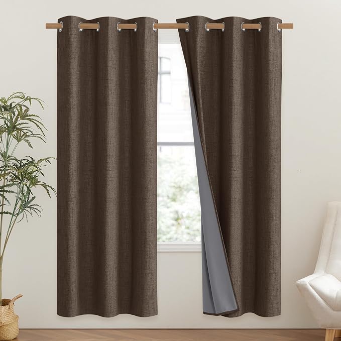 NICETOWN Coffee Vintage Linen 100% Blackout Curtains for Classroom, Thermal Insulated Curtains 72" Long, Noise Reducing Window Treatment Drapes for Gym Room, 42" Wide Per Panel, Set of 2