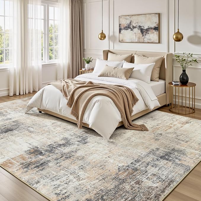 5x7 Area Rug for Living Room, Abstract Washable Non-Slip Carpet, Gold | Soft Neutral Rug for Bedroom, Dining Room, Home Office Nursery Indoor, Stain Resistant, Low Pile, Foldable Modern Rug