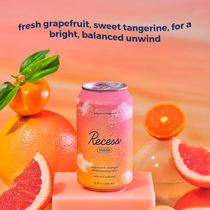 Recess Mood Magnesium & Adaptogen Drink, Relaxation Beverage, 12 ounce (Grapefruit Tangerine, 12 pack)
