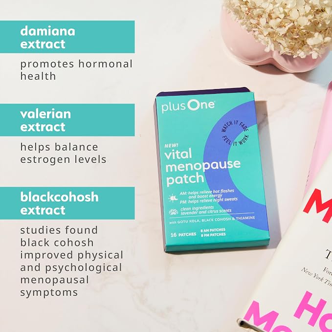 plusOne Vital Menopause Patches AM & PM, Hot Flash Night Sweat Support 16ct | Herbal Arjuna Daily Patches, Promotes Energy & Sleep