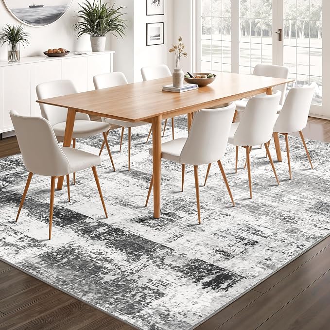 Rugflix 5x7 Area Rugs for Living Room, Washable Grey Large Rug | Machine Washable; Stain-Resistant; Low Pile; Non-Slip; Modern Abstract; Black Carpet for Bedroom Dining Office Nursery Home