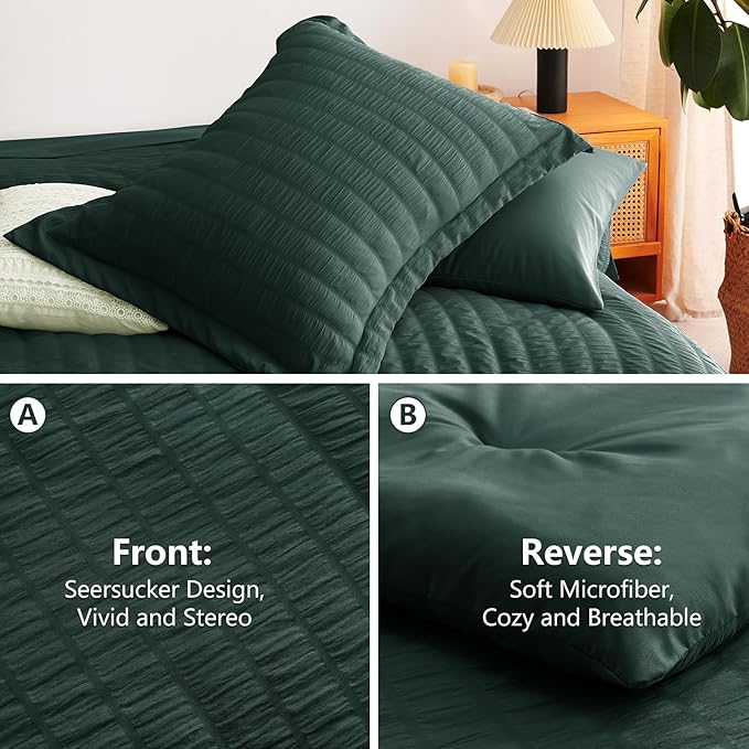 CozyLux Twin XL Comforter Set with Sheets Seersucker Forest Green 5 Pieces Bed in a Bag, Twin Extra Long Luxury Bedding Sets for College Dorm with Down Alternative Comforter, Sheets, Pillowcase & Sham