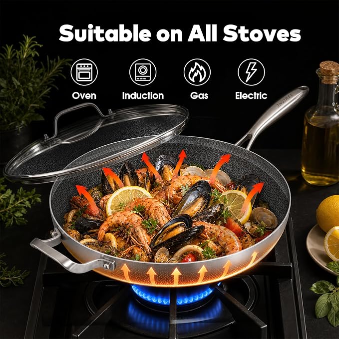Inqibee 13 Inch Hybrid Ceramic Nonstick Chef's Pan with Lid | Tri-Ply Stainless Steel Skillet for 3-5 People, Scratch Resistant Surface, Induction Compatible, Dishwasher & Oven Safe