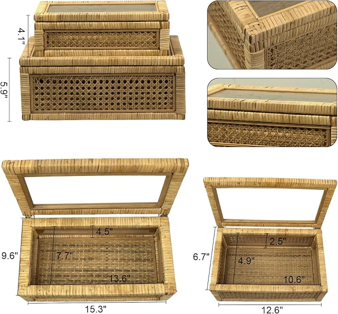 Rattan Display Box for Home Decor with Lid - Rectangular Coastal Bohemian Style Stackable Decorative Storage Box Set - Handmade from Natural Rattan, Cedar & Real Glass