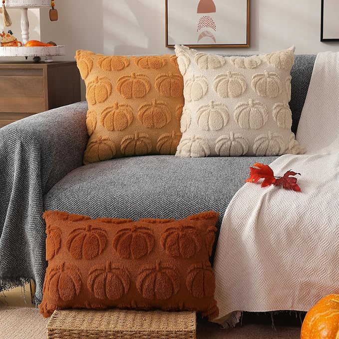 DFXSZ Fall Pillow Covers 16x16 2Pcs Light Orange Pumpkin Fall Decorations | Fall decor Set of 2 Throw Pillow Cases Soft Plush Faux Fur Wool Couch Cushion for Chair Sofa Bedroom Living Room Home Decor