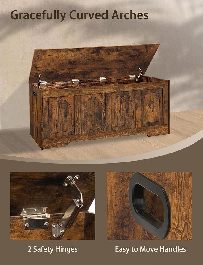 Storage Chest, Wooden Toy Box, Rustic Brown 47.2" L | Entryway Shoe Bench, 2 Soft-close Hinges, Finger-safe Flip-Top Lid, Easy Assembly, Farmhouse Large Trunk, Living Room/Bedroom