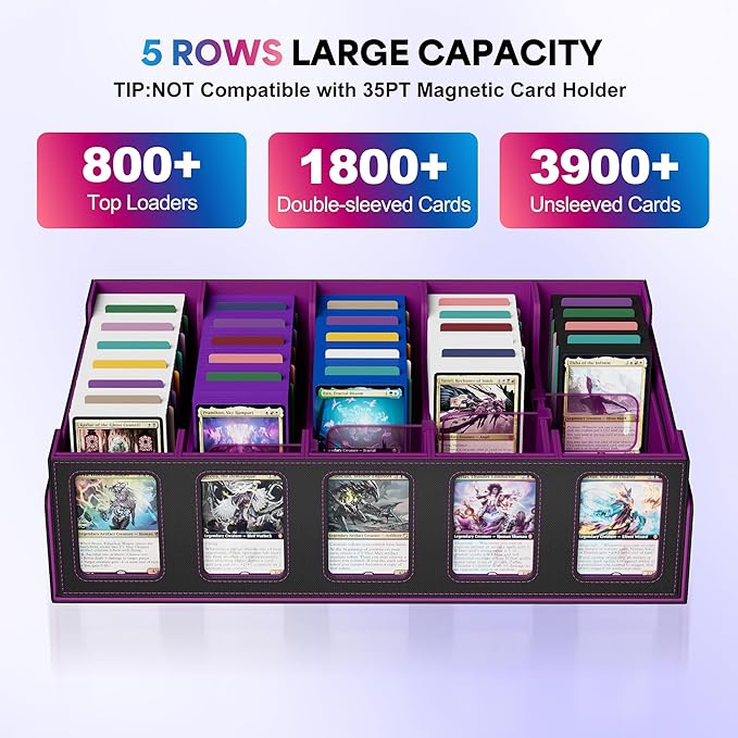 UAONO Trading Card Storage Box with Commander Display;3900+ Card Box for MTG, Removable Cover; 5 Row Case fits MTG TCG Sports Cards 48 Dividers,5 Stoppers,5 Top Loaders,1 Dice Box(Black, Purple)