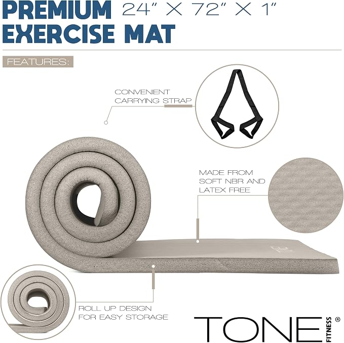 Tone Fitness 1-Inch Thick Yoga Mat | High-Density, Non-slip Exercise Mat with Carrying Strap for Yoga, Pilates, & Home Gym Workouts | Multiple Options