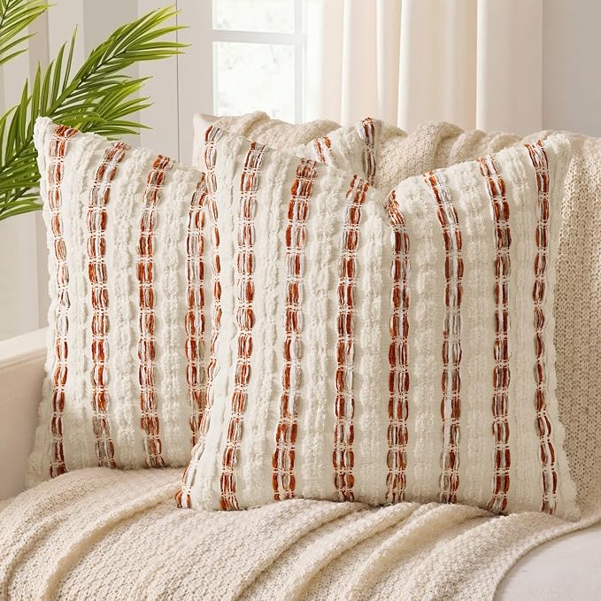 ANRODUO Boho Chenille Decorative Pillow Covers 20x20 Inch Set of 2 Orange | Textured Tufted Stripes Woven Cushion Case, Farmhouse Accent Neutral Pillowcase for Couch Sofa Bed Living, Room Decor