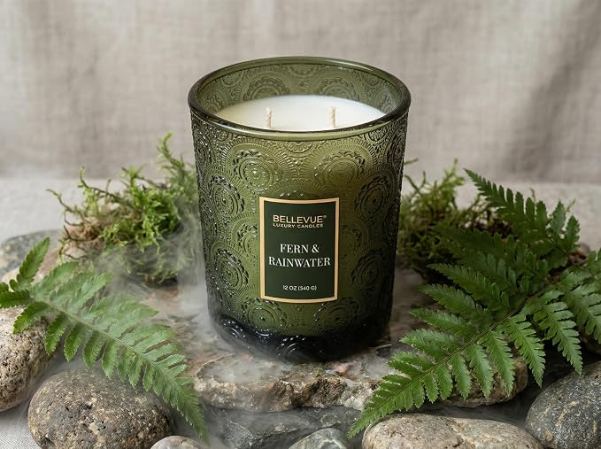 Bellevue Luxury Candles, 12 OZ Soy Blend Candle, Embossed Glass, Fragrances formulated with Essential Oils, Home Fragrances, Scented Candles Gift Set ǀ Scent: Fern & RAINWATER