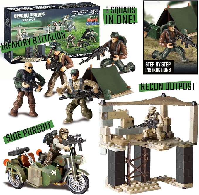 Special Forces Mini Action Figure toy Ages 8-12+ Includes 3 Military Building Sets 6 Soldier Figures Designed as an Educational Gift for Military Enthusiasts. Kids & Parents Quality Family Time 356Pcs