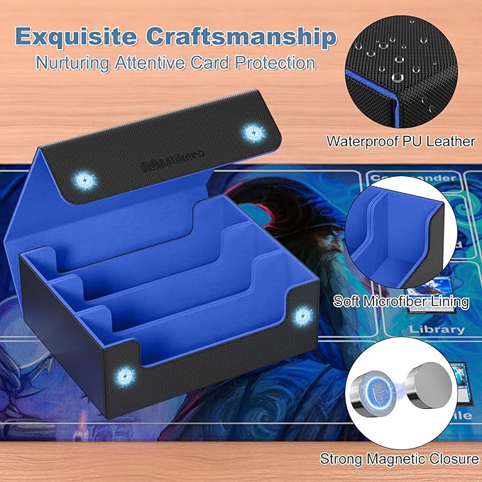 Mlikero Card Deck Case, 1800+ Trading Card Storage Box with 10 Dividers and 3 Foam Stoppers, Leather Magnetic Closure Commander Deck Box Fit for YuGiOh, MTG and Sport Cards(Black&Blue)