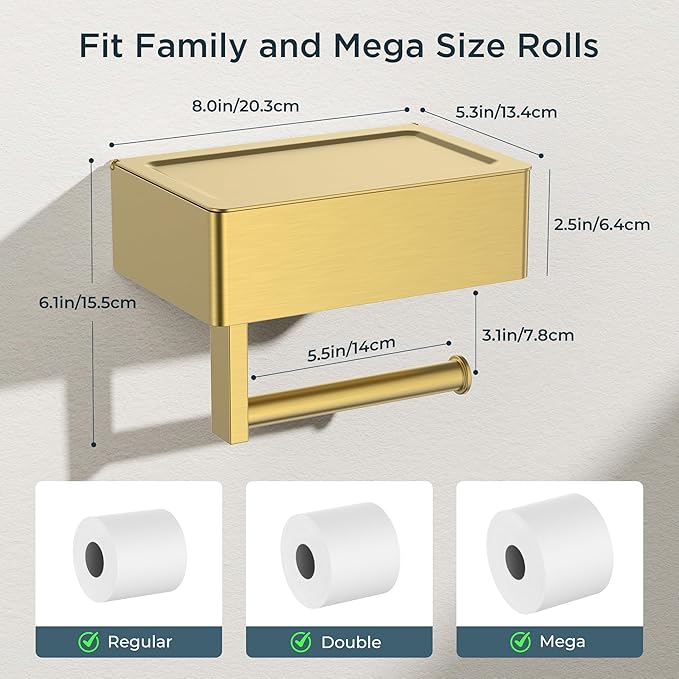 FORIOUS Toilet Paper Holder with Shelf, Sanitary Napkin Receptacle Tampon Holder, Wall Mount Toilet Paper Holder with Storage, Flushable Wipes Dispenser Fits for Bathroom Commercial(1, Brushed Gold)